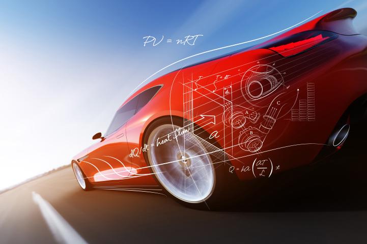 rear left side of red sportscar with engineering details